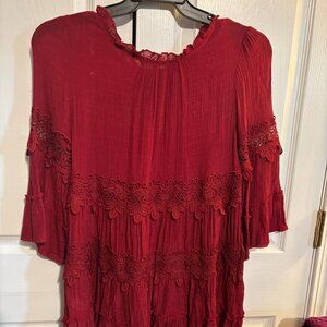 Indigo Soul Womens Tunic Tops Sz S 3/4" Sleeve Dark Red Semi-Sheer Applique
